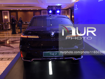 A BMW i7 electric car is seen during a press conference of a joint venture between Tata Technologies and BMW Group in Mumbai, India, on Octo...