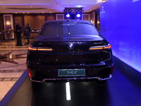 A BMW i7 electric car is seen during a press conference of a joint venture between Tata Technologies and BMW Group in Mumbai, India, on Octo...