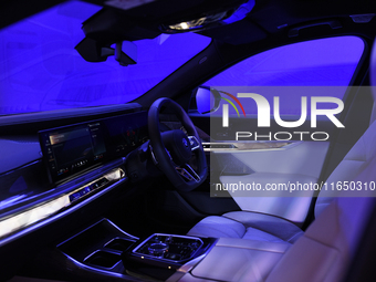 The interior of the BMW i7 electric car is seen during a press conference of a joint venture between Tata Technologies and BMW Group in Mumb...