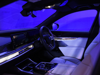 The interior of the BMW i7 electric car is seen during a press conference of a joint venture between Tata Technologies and BMW Group in Mumb...