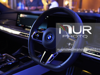 The interior of the BMW i7 electric car is seen during a press conference of a joint venture between Tata Technologies and BMW Group in Mumb...