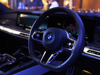 The interior of the BMW i7 electric car is seen during a press conference of a joint venture between Tata Technologies and BMW Group in Mumb...