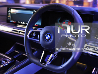 The interior of the BMW i7 electric car is seen during a press conference of a joint venture between Tata Technologies and BMW Group in Mumb...