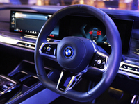 The interior of the BMW i7 electric car is seen during a press conference of a joint venture between Tata Technologies and BMW Group in Mumb...