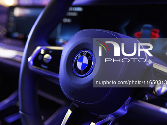 A BMW logo of the BMW i7 electric car is seen during a press conference of a joint venture between Tata Technologies and BMW Group in Mumbai...