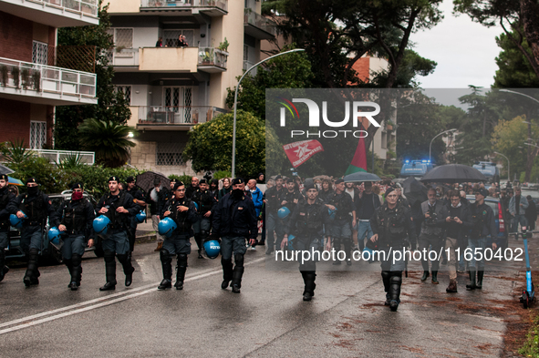 Students demonstrate for Palestine against Cybertech Europe 2024 in Rome, Italy, on October 8, 2024. Police are present during the Cybertech...