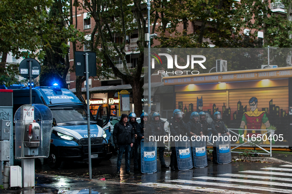 Students demonstrate for Palestine against Cybertech Europe 2024 in Rome, Italy, on October 8, 2024. Police are present during the Cybertech...