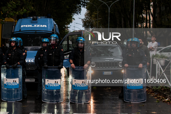 Students demonstrate for Palestine against Cybertech Europe 2024 in Rome, Italy, on October 8, 2024. Police are present during the Cybertech...