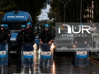 Students demonstrate for Palestine against Cybertech Europe 2024 in Rome, Italy, on October 8, 2024. Police are present during the Cybertech...