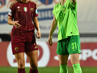 Evelyne Viens of A.S. Roma Femminile and Marina Hegering of VfL Wolfsburg participate in Group A - Day 1 of the UEFA Women's Champions Leagu...