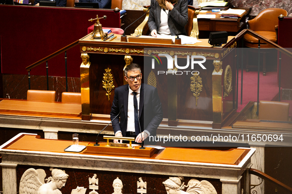 Olivier Faure, deputy of the Socialistes et Apparentes group, speaks during the debate on the motion of censure of Michel Barnier's governme...