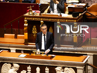 Olivier Faure, deputy of the Socialistes et Apparentes group, speaks during the debate on the motion of censure of Michel Barnier's governme...