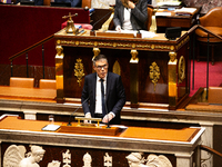 Olivier Faure, deputy of the Socialistes et Apparentes group, speaks during the debate on the motion of censure of Michel Barnier's governme...