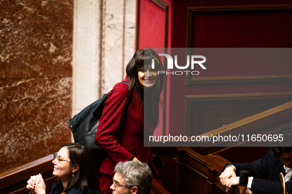 Alma Dufour, deputy of the La France Insoumise group, is seen during the debate on the motion of censure of Michel Barnier's government at t...