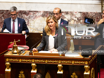 Yael Braun-Pivet, President of the National Assembly, speaks during the debate on the motion of censure of Michel Barnier's government at th...