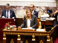 Yael Braun-Pivet, President of the National Assembly, speaks during the debate on the motion of censure of Michel Barnier's government at th...