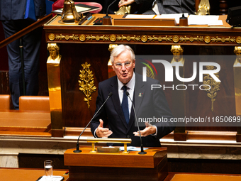 Michel Barnier, the French Prime Minister, speaks during the debate on the motion of censure of his government at the National Assembly in P...