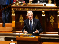 Michel Barnier, the French Prime Minister, speaks during the debate on the motion of censure of his government at the National Assembly in P...