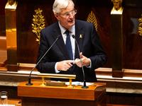 Michel Barnier, the French Prime Minister, speaks during the debate on the motion of censure of his government at the National Assembly in P...