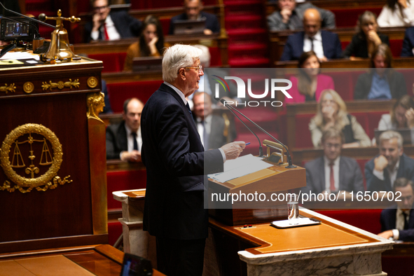 Michel Barnier, the French Prime Minister, speaks during the debate on the motion of censure of his government at the National Assembly in P...