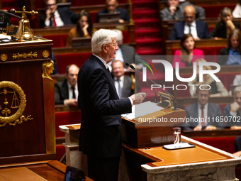 Michel Barnier, the French Prime Minister, speaks during the debate on the motion of censure of his government at the National Assembly in P...