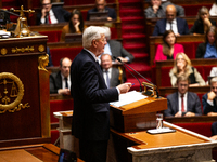 Michel Barnier, the French Prime Minister, speaks during the debate on the motion of censure of his government at the National Assembly in P...