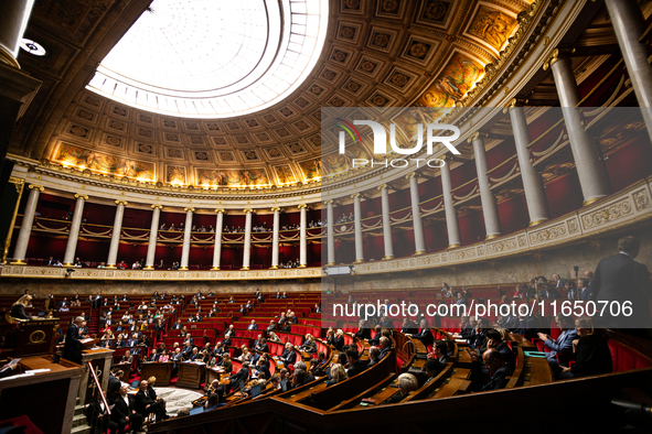 A general view of the National Assembly during the debate on the motion of censure of Michel Barnier's government in Paris, France, on Octob...