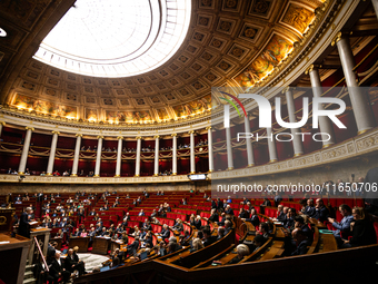 A general view of the National Assembly during the debate on the motion of censure of Michel Barnier's government in Paris, France, on Octob...