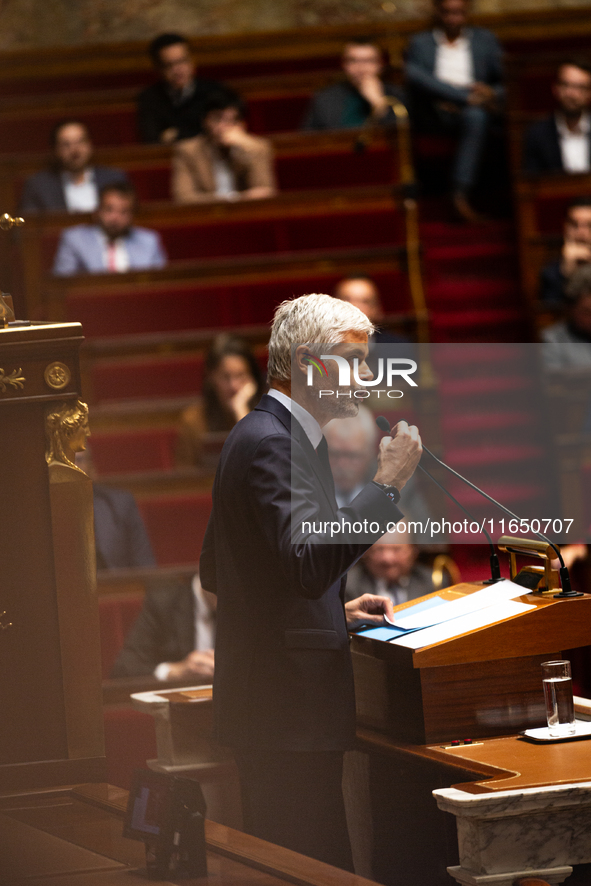 Laurent Wauquiez, President of the Droite Republicaine group, speaks during the debate on the motion of censure of Michel Barnier's governme...