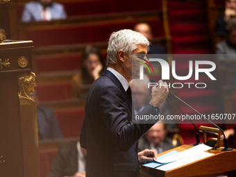 Laurent Wauquiez, President of the Droite Republicaine group, speaks during the debate on the motion of censure of Michel Barnier's governme...