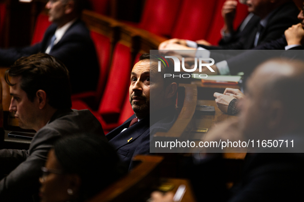 Sebastien Chenu, deputy of the Rassemblement National group, is seen during the debate on the motion of censure of Michel Barnier's governme...