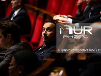 Sebastien Chenu, deputy of the Rassemblement National group, is seen during the debate on the motion of censure of Michel Barnier's governme...