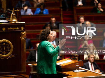 Cyrielle Chatelain, President of the Ecologiste et Social group, speaks during the debate on the motion of censure of Michel Barnier's gover...