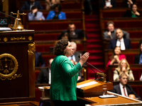 Cyrielle Chatelain, President of the Ecologiste et Social group, speaks during the debate on the motion of censure of Michel Barnier's gover...