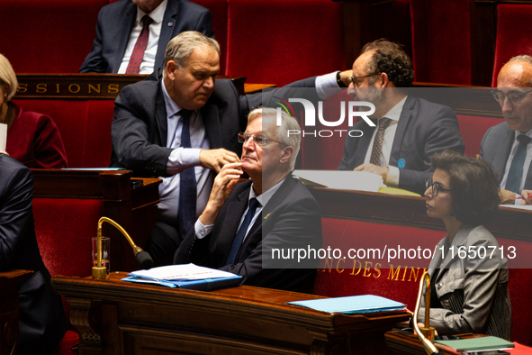 Michel Barnier, the French Prime Minister, is seen during the debate on the motion of censure of his government at the National Assembly in...