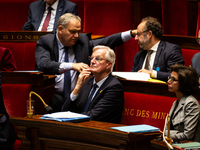 Michel Barnier, the French Prime Minister, is seen during the debate on the motion of censure of his government at the National Assembly in...