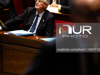 Michel Barnier, the French Prime Minister, is seen during the debate on the motion of censure of his government at the National Assembly in...