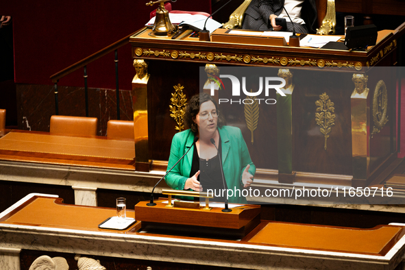 Cyrielle Chatelain, President of the Ecologiste et Social group, speaks during the debate on the motion of censure of Michel Barnier's gover...