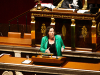 Cyrielle Chatelain, President of the Ecologiste et Social group, speaks during the debate on the motion of censure of Michel Barnier's gover...