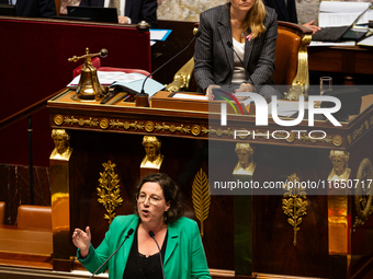 Cyrielle Chatelain, President of the Ecologiste et Social group, speaks during the debate on the motion of censure of Michel Barnier's gover...