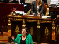 Cyrielle Chatelain, President of the Ecologiste et Social group, speaks during the debate on the motion of censure of Michel Barnier's gover...