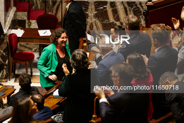 Cyrielle Chatelain, President of the Ecologiste et Social group, is seen during the debate on the motion of censure of Michel Barnier's gove...