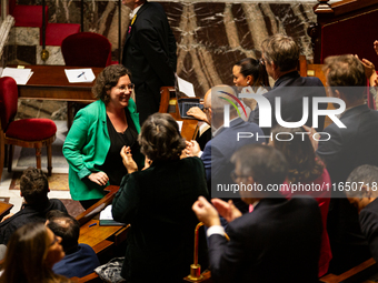 Cyrielle Chatelain, President of the Ecologiste et Social group, is seen during the debate on the motion of censure of Michel Barnier's gove...