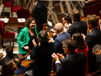 Cyrielle Chatelain, President of the Ecologiste et Social group, is seen during the debate on the motion of censure of Michel Barnier's gove...