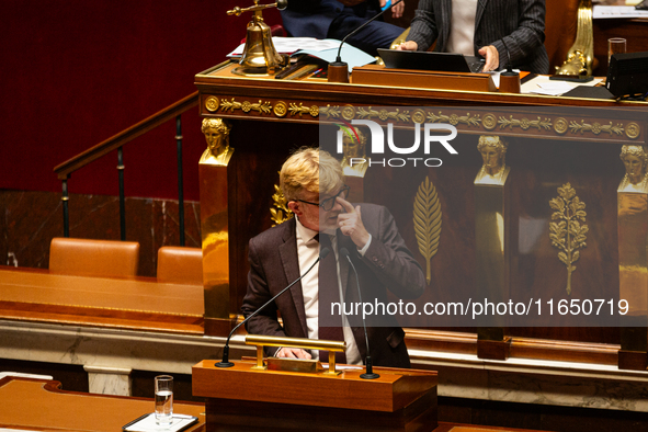 Marc Fesneau, President of the Les Democrates group, speaks during the motion of censure of Michel Barnier's government at the National Asse...