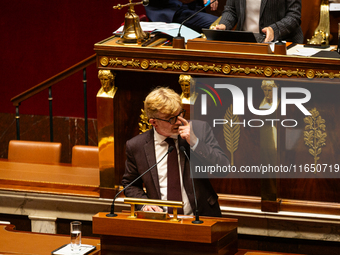 Marc Fesneau, President of the Les Democrates group, speaks during the motion of censure of Michel Barnier's government at the National Asse...