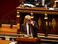 Marc Fesneau, President of the Les Democrates group, speaks during the motion of censure of Michel Barnier's government at the National Asse...