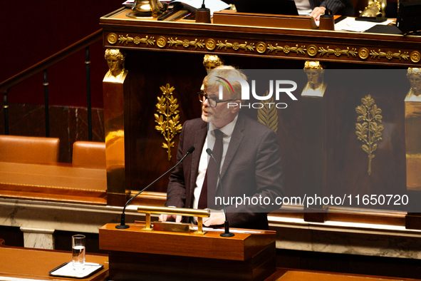 Marc Fesneau, President of the Les Democrates group, speaks during the motion of censure of Michel Barnier's government at the National Asse...