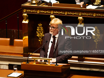 Marc Fesneau, President of the Les Democrates group, speaks during the motion of censure of Michel Barnier's government at the National Asse...