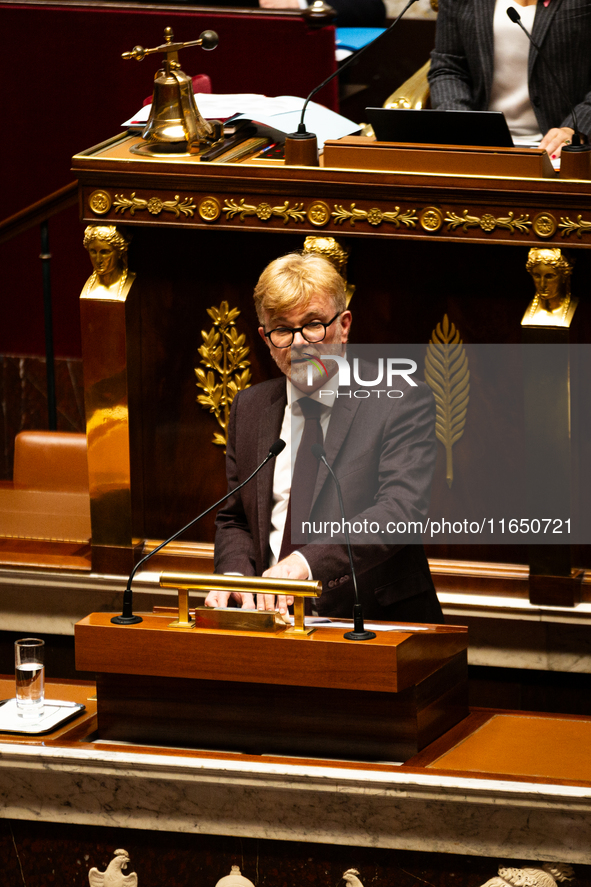 Marc Fesneau, President of the Les Democrates group, speaks during the motion of censure of Michel Barnier's government at the National Asse...